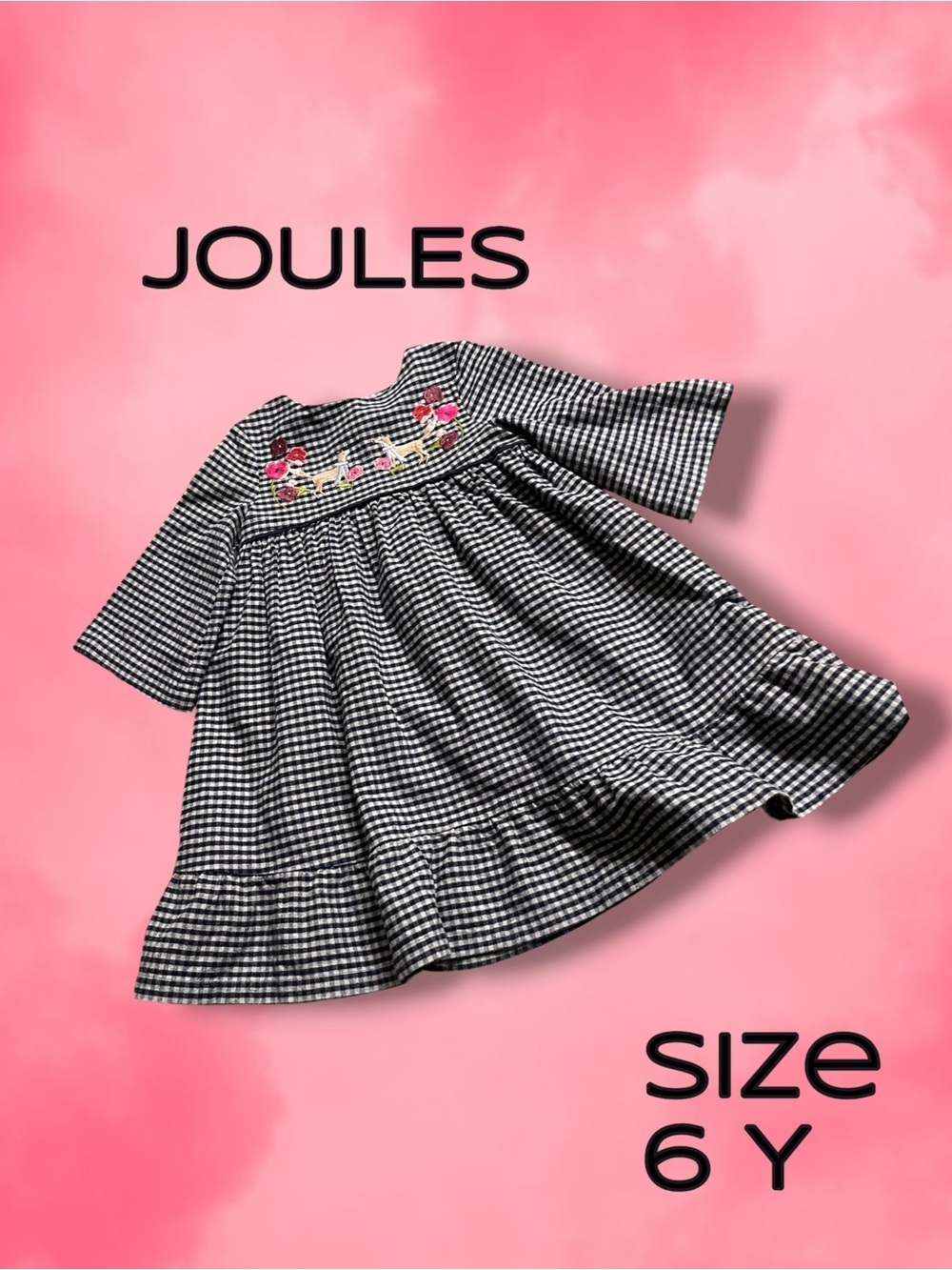 Joules Black & White Gingham Dress with Floral Embroidery Size 6 Y